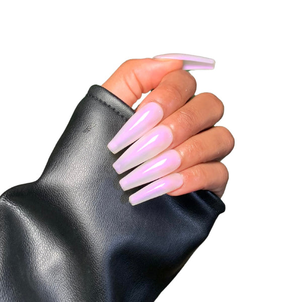 Press on nails long shape ballerina shape Iridescent pearl pink colour, sheer finish